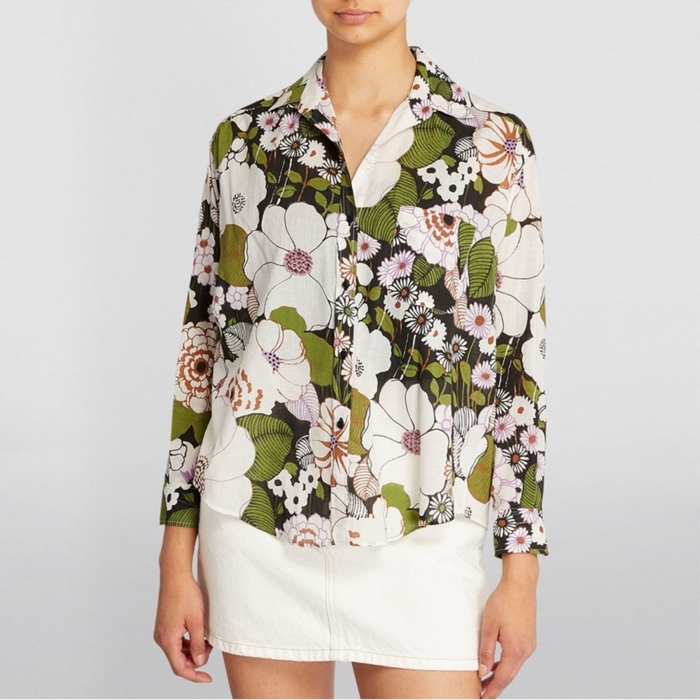MAJE Coflower Floral-print Cotton-voile Shirt In Flower 70's Black - Picture 4 of 10